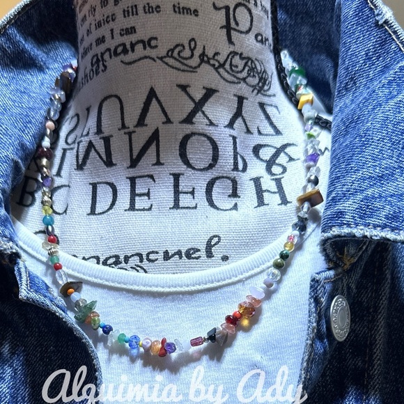 Rainbow multi stone beaded handmade gold adjustable short jeweled necklace - Picture 1 of 3